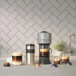 Nespresso Vertuo Next Deluxe Espresso Machine By DeLonghi - Chrome -Brewroast Deals Store ENV120C VertuoNext 5Cupsizesfeature